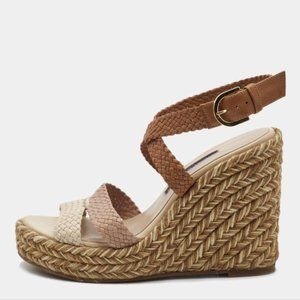 Stuart Weitzman Elsie Beige Combo Espadrille Wedge Sandals 5.5B